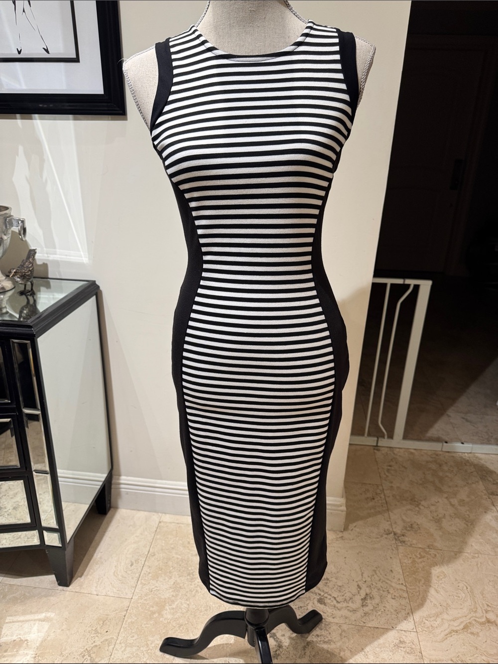 Material Girl Black & White Striped Midi Bodycon Dress